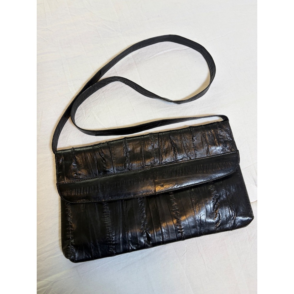 VTG 90s Eel Skin Leather Black Clutch/ Shoulder Handbag~Detachable Strap~ Korea